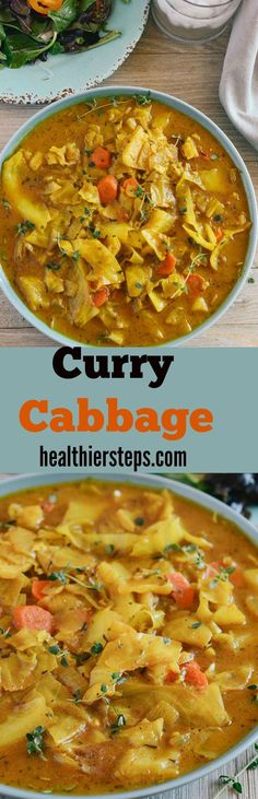 curry cabbage soup in a white bowl with carrots and spinach on the side