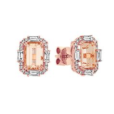 These dazzling earrings features two emerald cut morganite gemstones (approx. 1.86 carats TW)  32 round diamonds (approx. .14 carat TW) and eight baguette diamonds (approx. .38 carat TW). The gemstones were hand-selected for rich color and enduring sparkle. Crafted in quality 14 karat rose gold  these earrings measure 3/8 of an inch long and have a total gem weight is approximately 2.38 carats. Emerald Shape Engagement Rings, Wedding Ring Redesign, Morganite Necklace, Morganite Jewelry, Vintage Jewelry Repurposed, Pink Emerald, Dazzling Earrings, Platinum Jewelry, Emerald Earrings