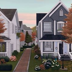 an artist's rendering of a suburban street with houses and trees in the fall