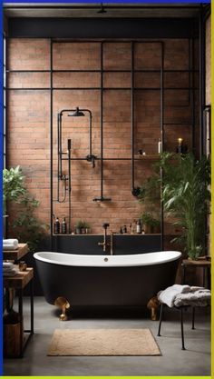 an old fashioned bathtub in the middle of a room with brick walls and plants