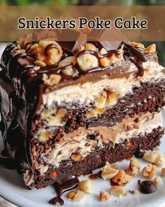 there is a piece of cake that has nuts on it and chocolate frosting with the words, snickkers poke cake