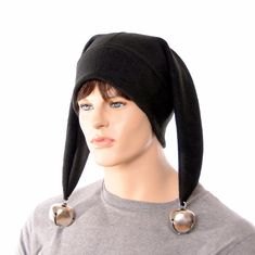 Black Harlequin Jester Hat Made of Fleece Two Pointed with Oversized Bells  #jester #fool #costumes #harlequin #bells #costumeideas #costumeaccessories Jester Outfit, Steampunk Circus, Jester Costume, Circus Outfits, Clown Hat, Thick Headbands, Court Jester, Jester Hat, Stocking Cap