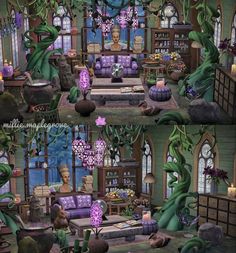 the living room is decorated in purple and green