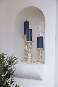 three candles are sitting on a shelf next to a potted plant and wall decoration