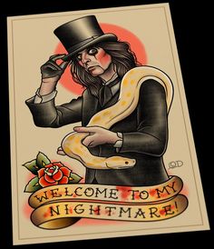 a card with an image of a man holding a snake and the words welcome to my nightmares on it