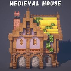 the medieval house is made from wood and has plants growing on it's roof