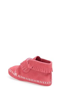 A fringe-embellished crib shoe crafted from smooth suede features an adjustable hook-and-loop closure for easy on and off. Suede upper and sole. By Minnetonka; imported. Kids' Shoes. Crib Shoe, Pink Boots Kids, Shoe Crafts, Baby Walker, Crib Shoes, Baby Design, Baby Booties, Moccasins, Bootie