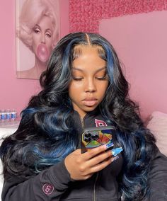 Black lace front with hints of blue Sew In Hairstyles, Dyed Hair Inspiration, Pretty Braided Hairstyles