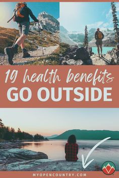 two photos with the words, 10 health benefits to go outside and an image of people hiking