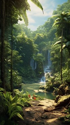 a painting of a waterfall in the jungle