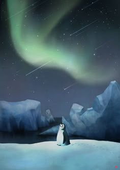 a painting of a penguin standing in the snow with an aurora bore behind it and stars above