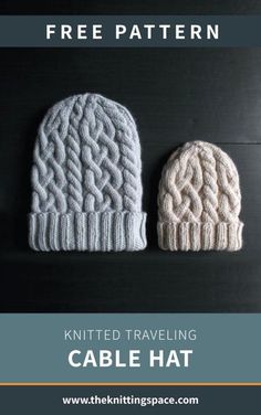 two knitted hats sitting next to each other on top of a black surface with text overlay