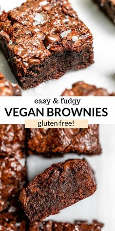 vegan brownies cut into squares and stacked on top of each other with text overlay