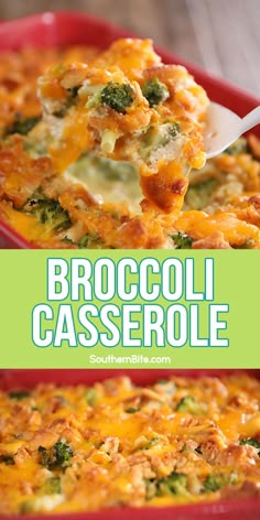 broccoli casserole in a red dish with a spoon