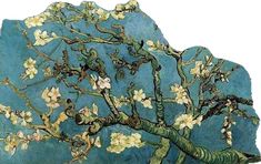 a painting of a tree with white flowers on it's branches in front of a blue background