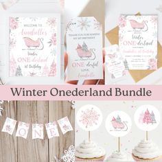 the winter wonderland bundle includes cupcakes, cards and other party supplies for onederland