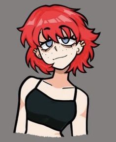 a drawing of a girl with red hair and blue eyes wearing a black crop top