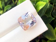 a pink diamond sitting on top of a white cloth next to some green plants and leaves