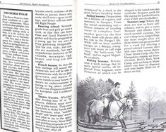 an open book with black and white illustrations on the front page shows a man riding a horse