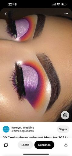 Vibrant Makeup Looks For Brown Eyes, Red Purple Makeup, Orange And Purple Makeup, Creative Eyeshadow Looks, Neutral Makeup Looks, Glitter Eyeshadow Looks, Creative Eyeshadow, Sunset Theme, Purple Eyeshadow Looks