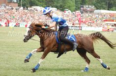 a woman riding on the back of a brown horse in front of a large crowd