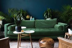 a living room with green couches and potted plants on the wall behind them