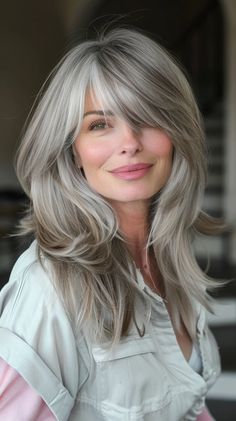 45 Absolutely Stunning Gray Hairstyles With Bangs For Women Over 60 Roxanne Gould, Annika Von Holdt, Grey Hair Styles, Women Haircuts Long, Gray Hairstyles, Side Bangs Hairstyles