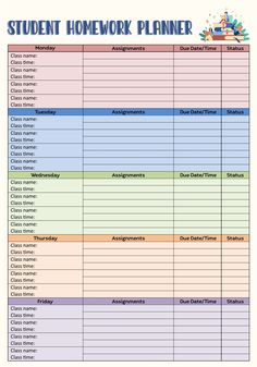 the student homework planner is shown in this image