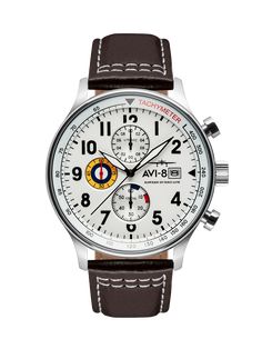 classic chronograph classic white – AVI-8 Timepieces Brown Leather Strap Watch, Yellow Belt, Military Army, Brown Leather Strap, Stitching Leather, Patek Philippe, Belt Size, Watch Brands, Classic White