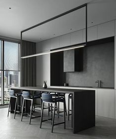 an empty kitchen with bar stools next to the counter and large window overlooking cityscape