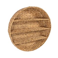 a round wicker shelf with three shelves