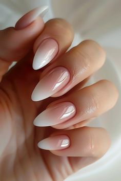 Oval Ombré Nails, Ombre Nude Nails Almond Shape, Braid Nails Wedding, Ombré French Dip Nails, Chrome Ombre French Tip Nails, Neutral Ombre Nails Almond, Blended French Nails, Ombre French Almond Nails, Ombré French Manicure