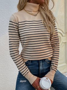 Bring sophisticated charm to your cool-weather looks when you don this lightweight top made with a striped print knit and turtle neck. Size Guide: Linda is 5’6” tall, and has a 33.5” bust, 24.8”waist, & 37.4” hips. She is wearing a S / US 4 / AU 8. This knit top is true to size. Material: 100% acrylic. Key Features: Relaxed fit. Turtle neckline. Long sleeves. Pull on style. Care Instructions: Machine wash / Cold hand wash Turtleneck Sweater Women, Striped Turtleneck Sweater, Apricot Sweater, Sweater Autumn, Striped Pullover, Ladies Turtleneck Sweaters, Striped Turtleneck, Selling Clothes, Collar Sweater