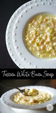 two pictures showing different types of soup in white bowls