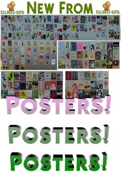 a poster with the words posters posted in different colors and font styles, including letters that spell out new from