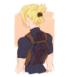 a drawing of a blonde haired man with a back pack on his shoulder and an eye patch in his hair