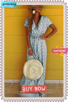 Women's Maxi Long Dress Short Sleeve Polka Dot Print Summer V Neck Hot Yellow Blushing Pink Gray Light Blue Casual Polka Dot Maxi Dress With Short Sleeves, Casual Polka Dot Short Sleeve Maxi Dress, Casual Polka Dot Maxi Dress For Vacation, Casual Polka Dot Maxi Dress For Beach, Summer V-neck Polka Dot Midi Dress, V-neck Lemon Print Summer Dress, Polka Dot V-neck Midi Dress For Beach, Yellow V-neck Maxi Dress Beachwear, Polka Dot V-neck Sundress