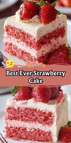 two pictures of red velvet cake with white frosting and strawberries on the top