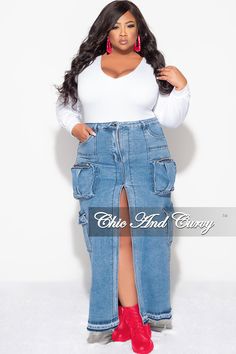 Polyester% 94 Spandex% 6 Plus Size Cargo Skirt, Plus Size Cargo, Chic And Curvy, Denim Skirt Outfits, Body Suit Outfits, V Neck Bodysuit, Denim Chic, Cargo Style, Cargo Skirt