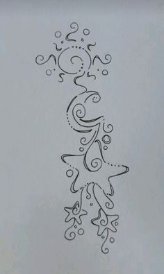 a drawing of an abstract figure with swirls and dots on the bottom half of it