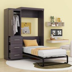 a bed sitting in a bedroom next to a dresser