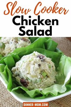 slow cooker chicken salad in lettuce leaves on a plate with text overlay