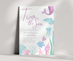 an under the sea birthday party card with watercolor fish and jellyfish on it