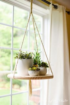 three potted plants hanging from a window sill