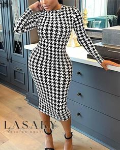 Lasaky - Classically Designed Long Sleeve Bodycon Dress with Houndstooth Print Fall Party Dress With Houndstooth Pattern, Fitted Black Midi Dress With Houndstooth Pattern, Black Fitted Houndstooth Midi Dress, Fitted Midi Dress With Houndstooth Pattern For Fall, Fitted Houndstooth Midi Dress For Fall, Fitted Long Sleeve Houndstooth Dress, Fitted Houndstooth Midi Dress, Fitted Houndstooth Long Sleeve Dress, Chic Houndstooth Midi Dress For Fall