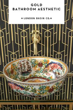 The Clarabelle countertop wash basin will make a feature of any bathroom remodel or renovation. This handcrafted porcelain bathroom sink features ancient Chinese patterns combined with more contemporary floral motifs. Richly decorated inside and out in a vibrant mix of colours with hints of gold it will add an extra luxurious finish to your bathroom. Gold Bathroom Aesthetic, Chinoiserie Bathroom, Bronze Color Palette, Countertop Basin Bathroom, Countertop Basins, Porcelain Bathroom Sink, Moroccan Bathroom, Unique Sinks, Asian Interior Design