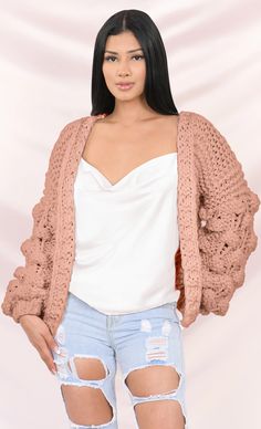 Desert Bound Dusty Pink Pom Pom Bubble Long Lantern Sleeve Chunky Knit – Indie XO Oversized Chunky Knit Sweater, Handknit Design, Pink Pom Pom, Open Cardigan Sweater, Chunky Knits Sweater, Lantern Sleeve, Outerwear Sweater, Open Cardigan, Lantern Sleeves