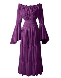 a purple dress with ruffled sleeves on the shoulders and an open neckline is shown