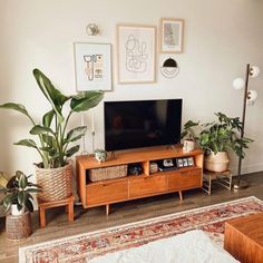 a flat screen tv sitting on top of a wooden entertainment center next to potted plants