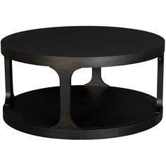 a black round coffee table with two shelves on each side and one shelf below it